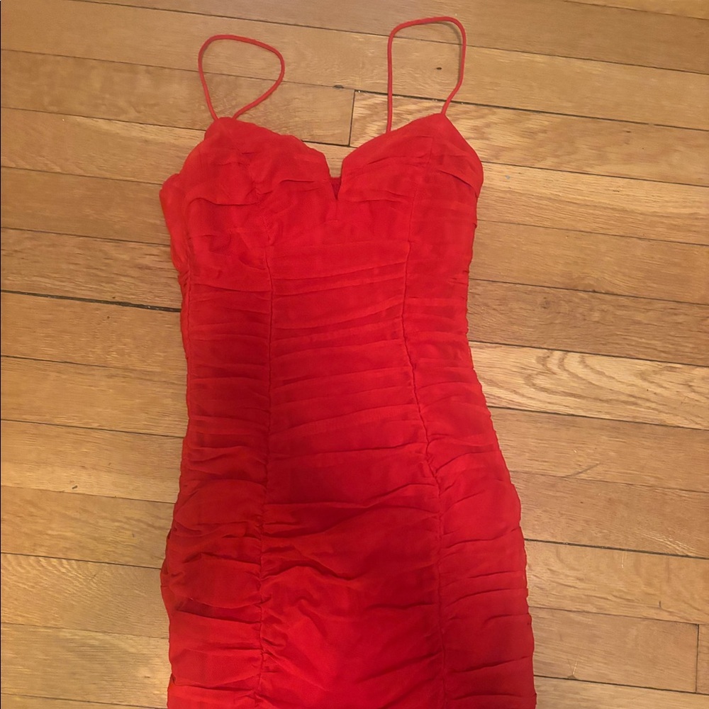 Red ruched mini dress